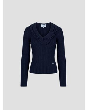 Ganni Ribbed Merino Wool Frill Top - Blue