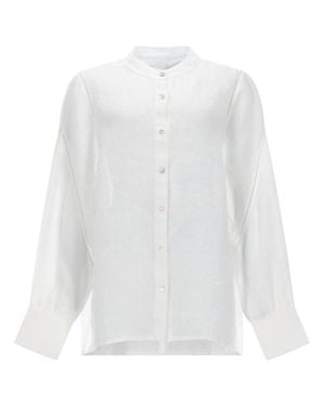 120% Lino Linen Mandarin Collar Button-Front Blouse - White