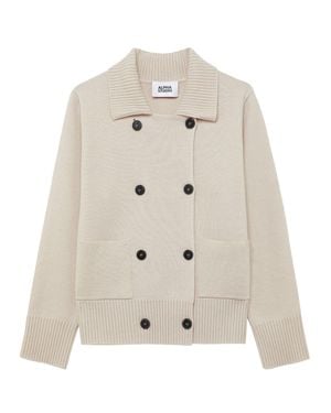 Alpha Studio Double-Breasted Knit Jacket With Patch Pockets - Natural
