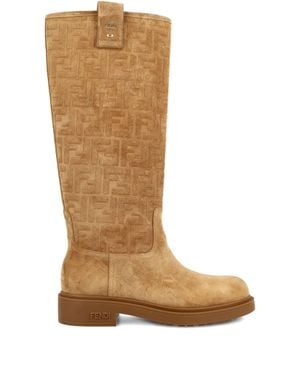 Fendi Round-Toe Tube Boot With Embossed Motif - Brown