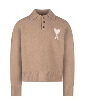 Ami Paris Contrast Polo Sweater - Natural