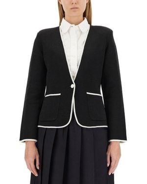 Thom Browne Double Face Merino Wool Tipping Collarless Jacket - Black
