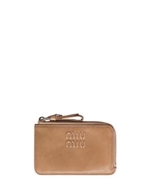Miu Miu Mini Leather Card Holder With Card Slots, Embossed Logo & Zip Closure - Brown