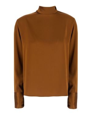 Le Plain Satin High-Neck Blouse With Back Bow Detail And Straight Hem - Brown