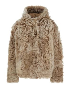 Yves Salomon Shearling Fur Jacket With Fixed Hood And Concealed Fastening - Brown