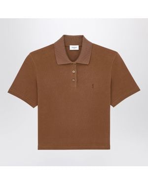 Saint Laurent Caramel Cropped Cotton Piqué Polo Shirt With Tonal Logo - Brown
