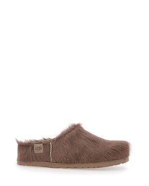 UGG Otzo Leather Hair Clog Mule With Soft Fur And Rubber Sole - Brown