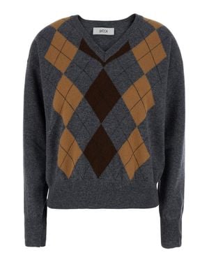 Jucca Argyle Diamond V-Neck Wool Sweater - Black