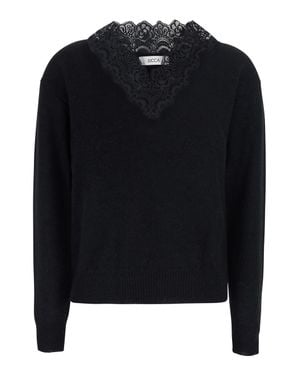 Jucca V-Neck Jersey Top With Lace Front Details And Long Sleeves - Black