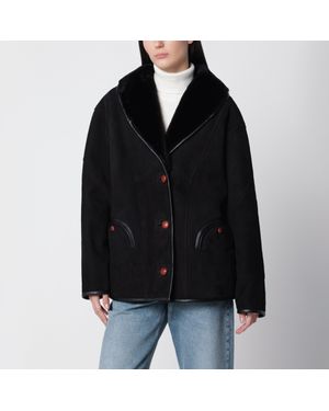 Blazé Milano Smiley Mini Shearling Jacket With Button Front & Leather Trims - Black