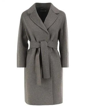 Max Mara Wide-Fit Virgin Wool Coat With Small Lapel Collar And Matching Belt - Gray