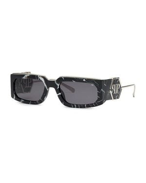 Philipp Plein Spp119M Shiny Marble Finish-Tone Smoke Lens Sunglasses - Black