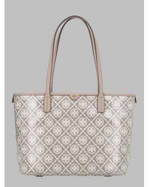 Tory Burch T Monogram Small Canvas Shopping Bag Mini Shoulder Tote 23.5 Cm - Gray