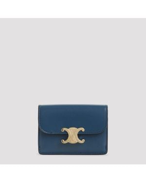 Celine Mini Calf Leather Card Holder With Flap - Blue