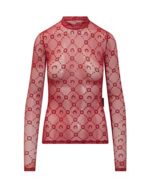 Marine Serre High Neck Long Sleeve Mini Top - Red