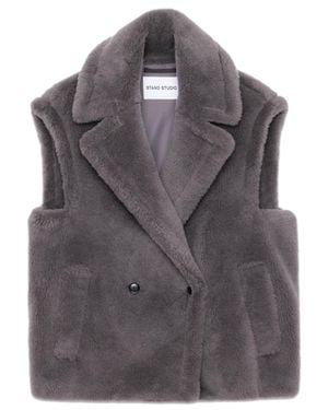 Stand Studio Faux Fur Textured Wool Vest With Button Closure For - Gray