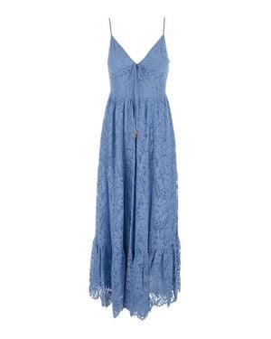 MICHAEL Michael Kors Lightweight Lace Bodice V-Neck Long Dress With Wide Flowing Skirt - Blue