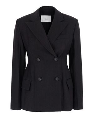 Tela Florence Double-Breasted Wool-Blend Blazer Jacket With Notched Revers And Welt Pockets - Black