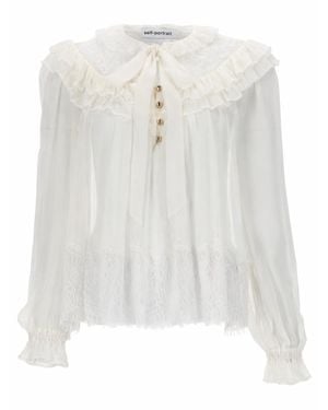 Self-Portrait Sheer Ruffle Trim Tie-Neck Blouse - White