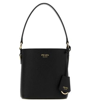 Prada Leather Bucket Handbag With Golden Hardware - Black