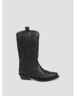 Ganni Mid Shaft Embroidered Western Boots - Black