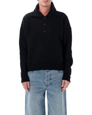 Ami Paris Wool Interlock Sweater With Buttoned High Neck & Horn Buttons - Black