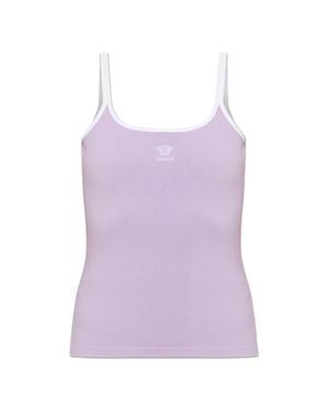 Versace Medusa Embroidered Logo Epaulette Ribbed Trim Top, Size 36 - Purple
