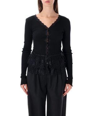 OperaSPORT Lace-Trim Button-Front Ribbed Top - Black
