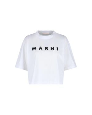 Marni Cropped Short-Sleeve T-Shirt With Textured Lettering - White