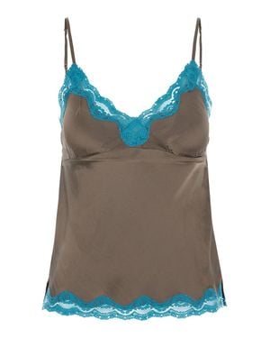Gold Hawk Lace-Trim Spaghetti Strap V-Neck Top - Blue