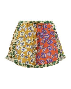 ALÉMAIS Curved Hem Mini Shorts With Drawstring Waist And Contrast Ruffle - Red