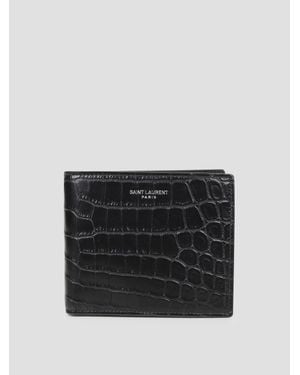 Saint Laurent Embossed East/West Bi-Fold Leather Wallet - Black