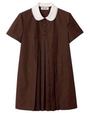 Miu Miu Cotton Poplin Mini Dress With Scalloped Collar & Button Front - Brown