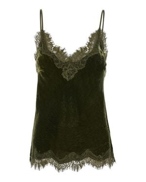 Gold Hawk Lace-Trim Velvet V-Neck Top With Spaghetti Straps - Green