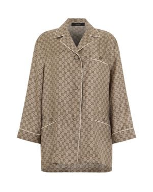 Gucci Monogram Lightweight Silk Button-Front Shirt Jacket - Natural