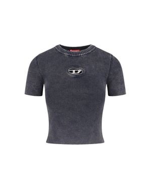 DIESEL Ribbed Short-Sleeve Crop Top With Metallic Logo Detail - Blue