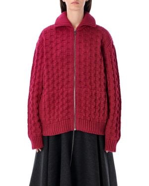 Prada Cable Knit Zip-Up Cardigan - Red