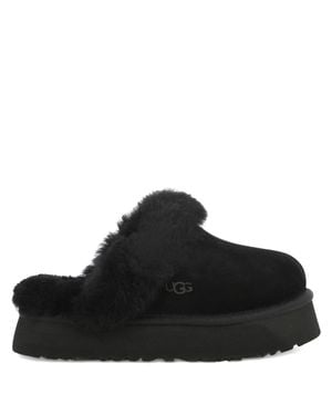 UGG Suede Platform Mini Sandals With Sheepskin Collar - Black