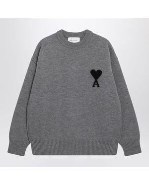 Ami Paris Ami De Coeur Virgin Wool Crew-Neck Sweater With Intarsia Logo - Gray