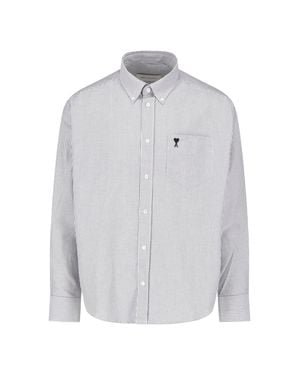 Ami Paris Boxy Fit Shirt Button Down Collar And Embroidered Ami De Coeur - Gray