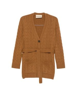 Valentino Cable-Knit Cashmere Cardigan With V-Neck, Pockets & Belt - Brown