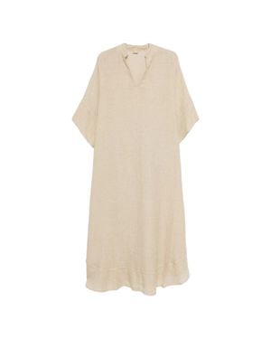 120% Lino Linen Kaftan With V-Neck And Side Slits - White