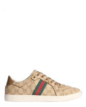 Gucci Leather Lace-Up Sneakers With Web Side Detail And Interlocking G Toe Cap - Natural