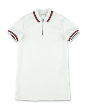 Gucci Girl's Technical T-Shirt Polo Mini Dress With Web Stripe Detail - White