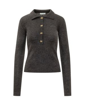 Ganni Classic Ribbed Polo With Jewel Buttons - Black