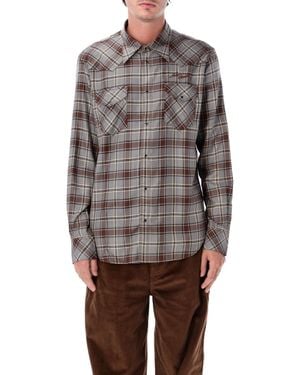 Acne Studios Fluid Flannel Check Button-Up Shirt With Shoulder Patches And Snap Pockets - Gray