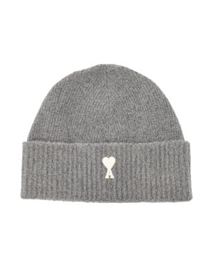 Ami Paris Wool-Blend Ribbed Beanie Hat - Gray