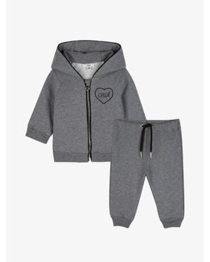 Chloé Kids Full-Zip Cotton Hoodie With Embroidered Logo And Side Pockets - Gray