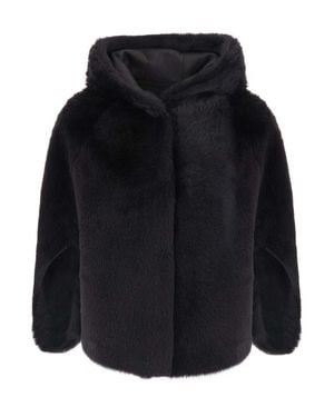 Suprema Shearling Jacket With Hood & Hidden Front Closure - Blue