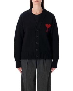 Ami Paris V-Neck Wool Cardigan With Ami Of Coeur Intarsia - Black